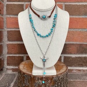 Fringe Steer Skull & Cutout Concho Necklace Set with Turquoise